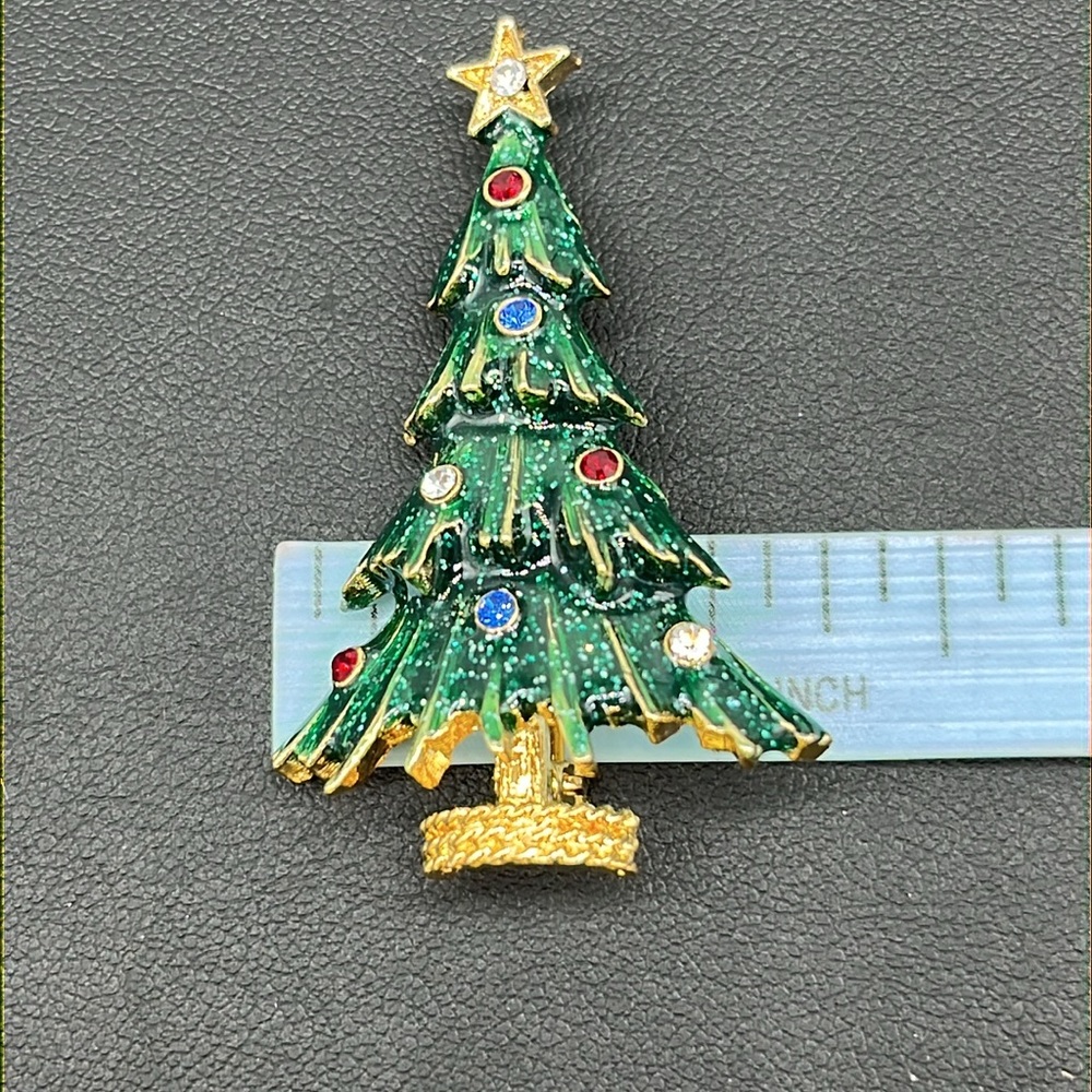 Vintage Eisenberg ice rhinestone green enamel gold tone Christmas tree brooch - Picture 9 of 10